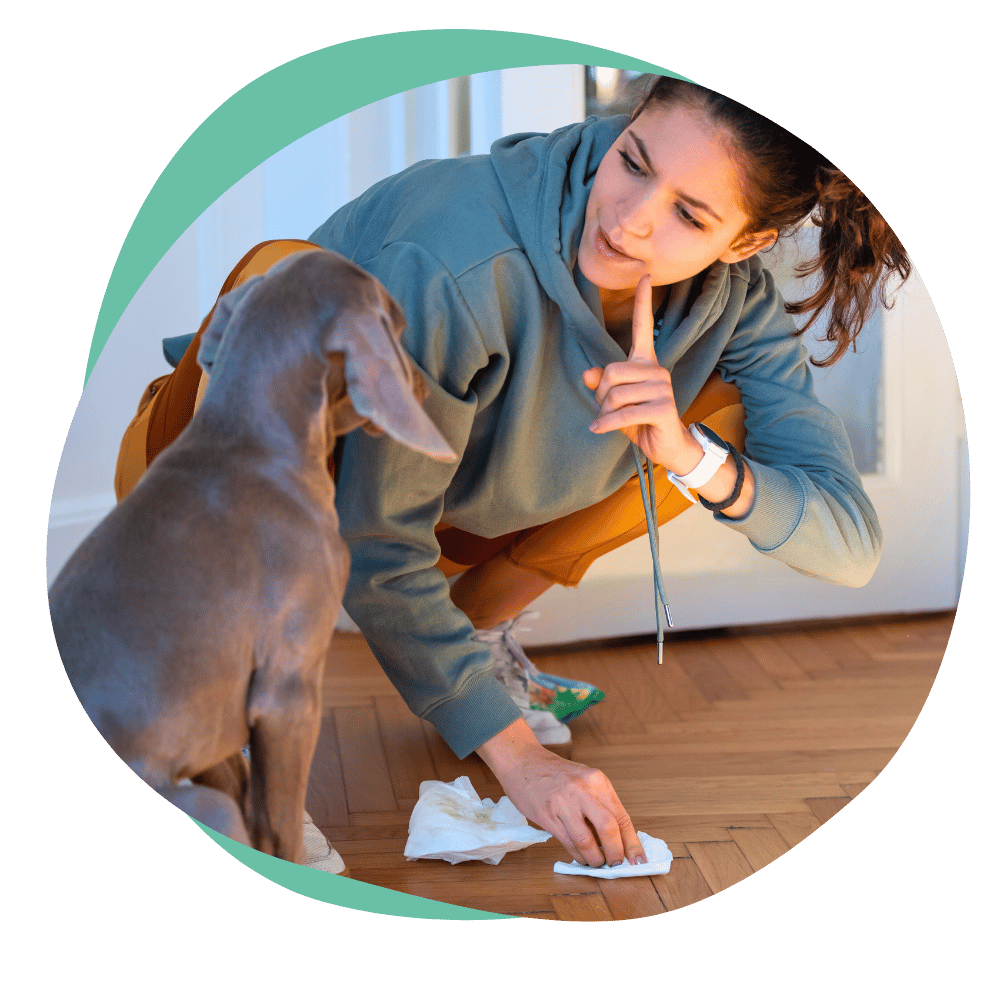 a woman cleaning up a puppy's accident on the floor, telling the puppy no